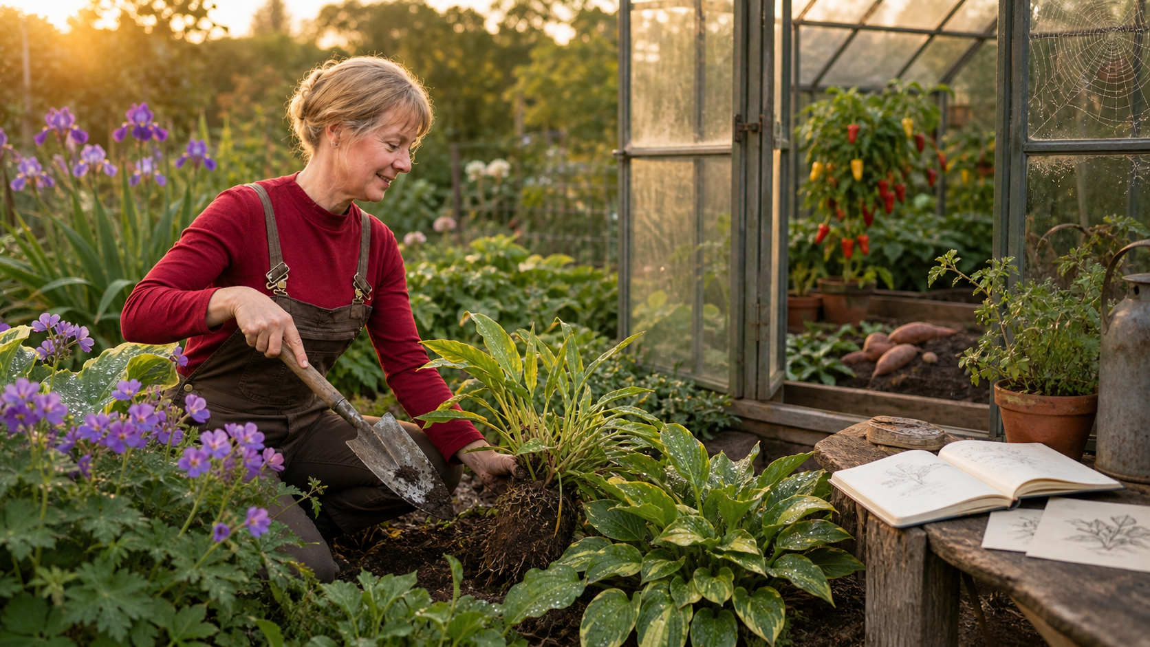 Rebeccah in her garden in ront of her greenhouse, digging in her garden 