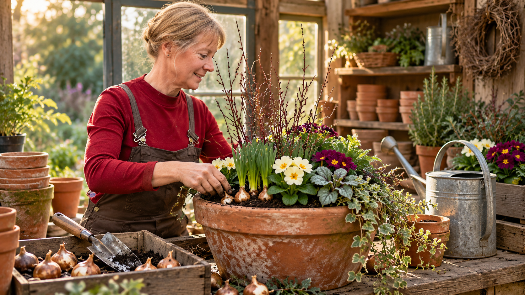 Rebeccah planting a winter display pot in the shed